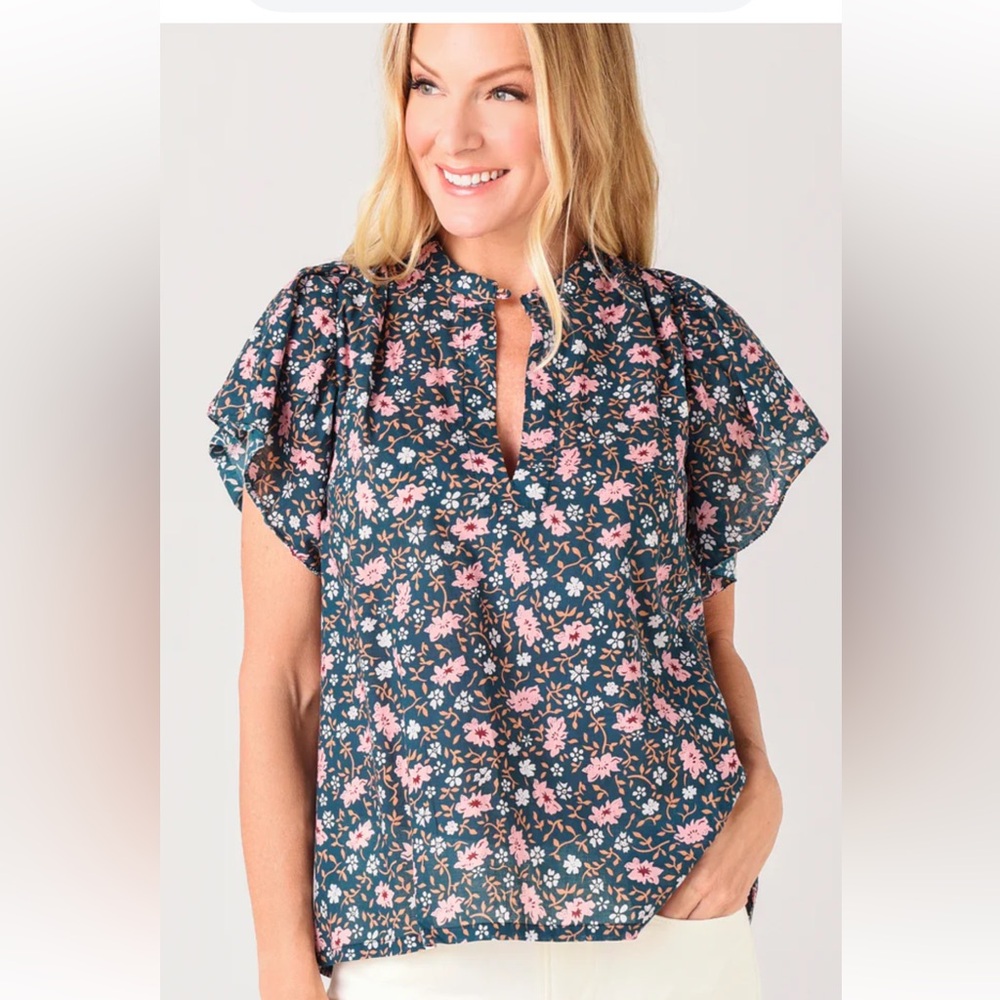 Trovata Birds of Paradis Brett Bohemian Tea Floral flutter Blouse Pink Green XS - Picture 3 of 10